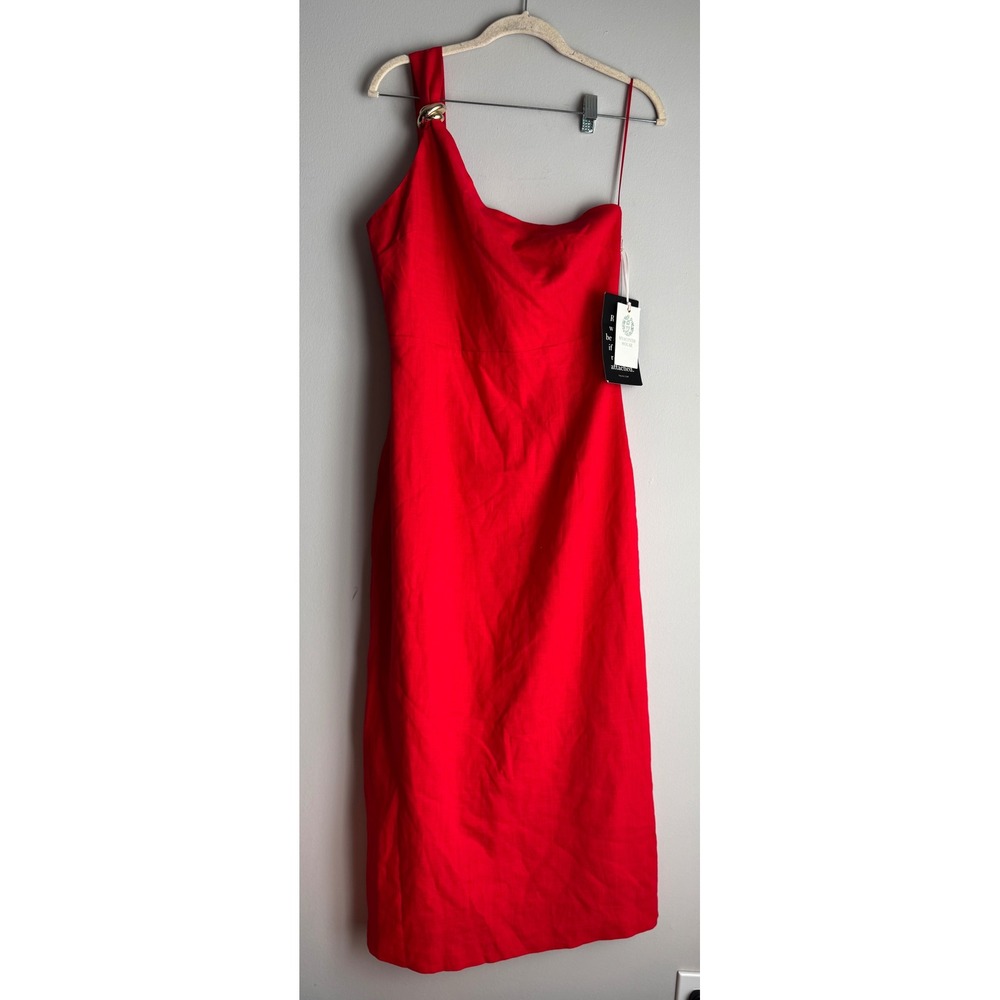Hyacinth House Red One Shoulder Midi Dress Gold Ring Detail Medium NWT